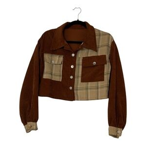 SHEIN Contrast Plaid and Solid Brown Utility Jacket with Front Pockets Size S